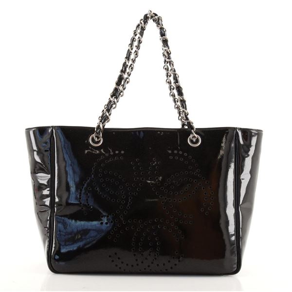 Chanel Black Triple CC Perforated Patent Leather Medium Tote Bag