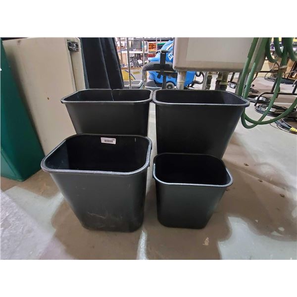 Lot of 4 Assorted Trash Bins - Black - 1 Cracked at top