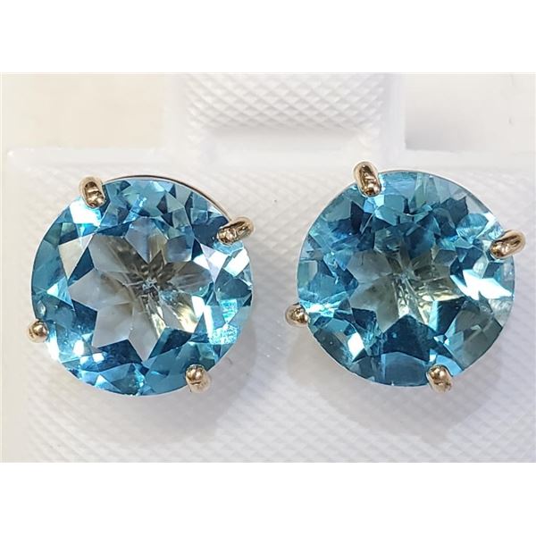 14K Yellow Gold Blue Topazes(6.9ct) Stud Earrings (~weight 2.62g), Made in Canada, Appraised Retail 