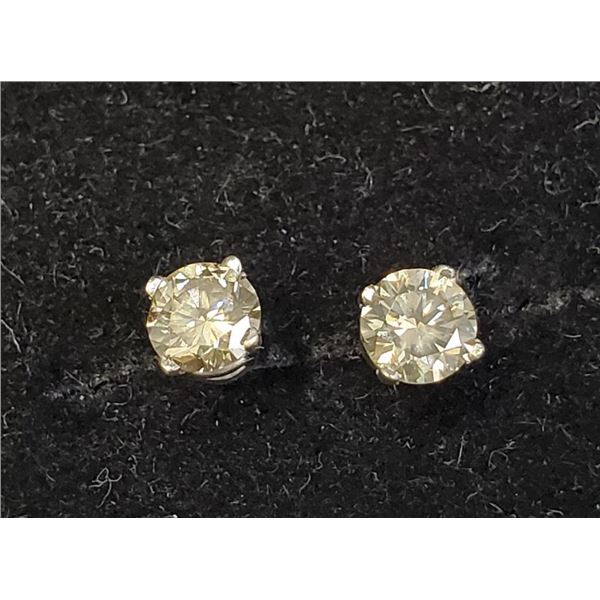 14K White Gold Diamonds(0.5Ct,Si2-I1,Greenish Yellow) Stud Earrings (~weight 0.5g), Made in Canada, 
