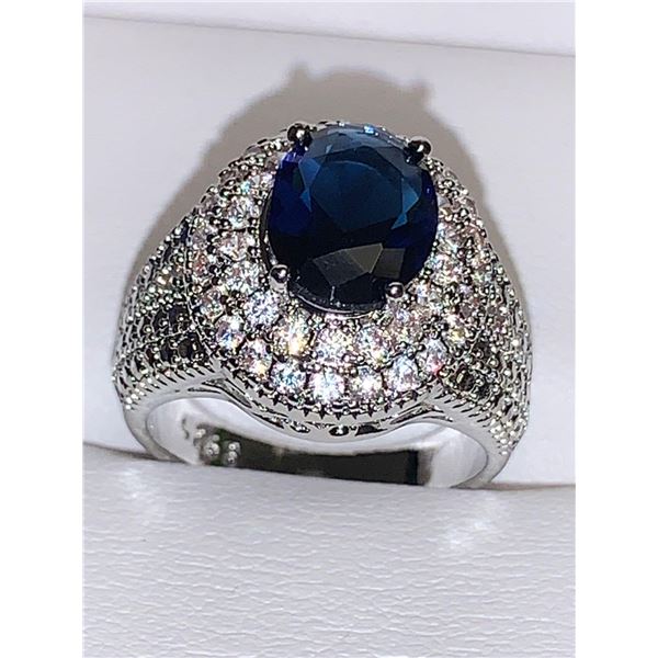 Blue Sapphire 1.2 Carat Oval Cut Ladies Silver Dress Ring size 7