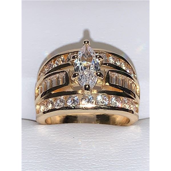 Marquis Cut Ladies Solitaire Cluster Top Dress Ring 14K GP with multiple baguetteÊstones size 7