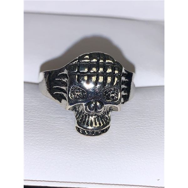Gents Etched SIlver Skull Biker Ring size 10