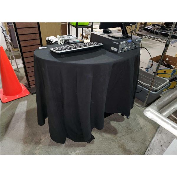 Kidney Shaped Guest Greeting Table with 2 Shelves & Custom Tablecloth. 36"x44"x24