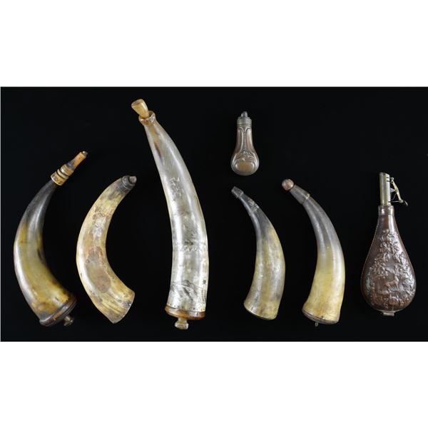 SEVEN POWDER HORNS & FLASKS.