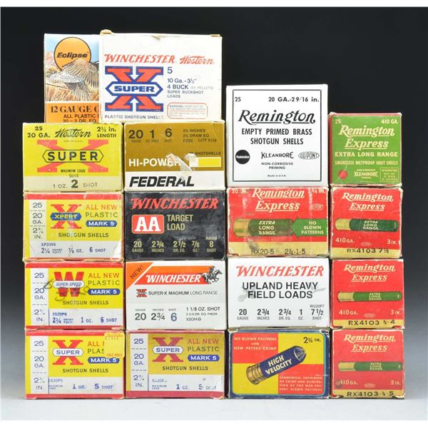 16+ BOXES OF 20 GA., 410 & 10 GA AMMO & BRASS.