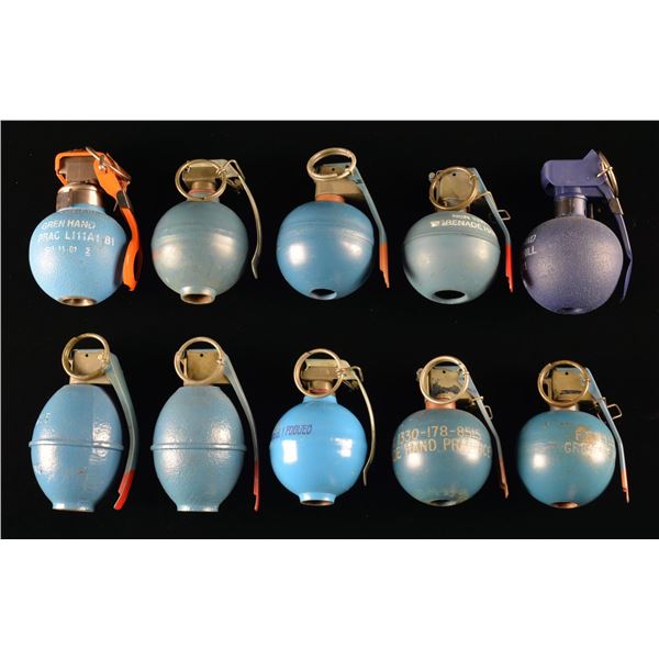 10 BLUE PAINTED US & UK PRACTICE GRENADES.
