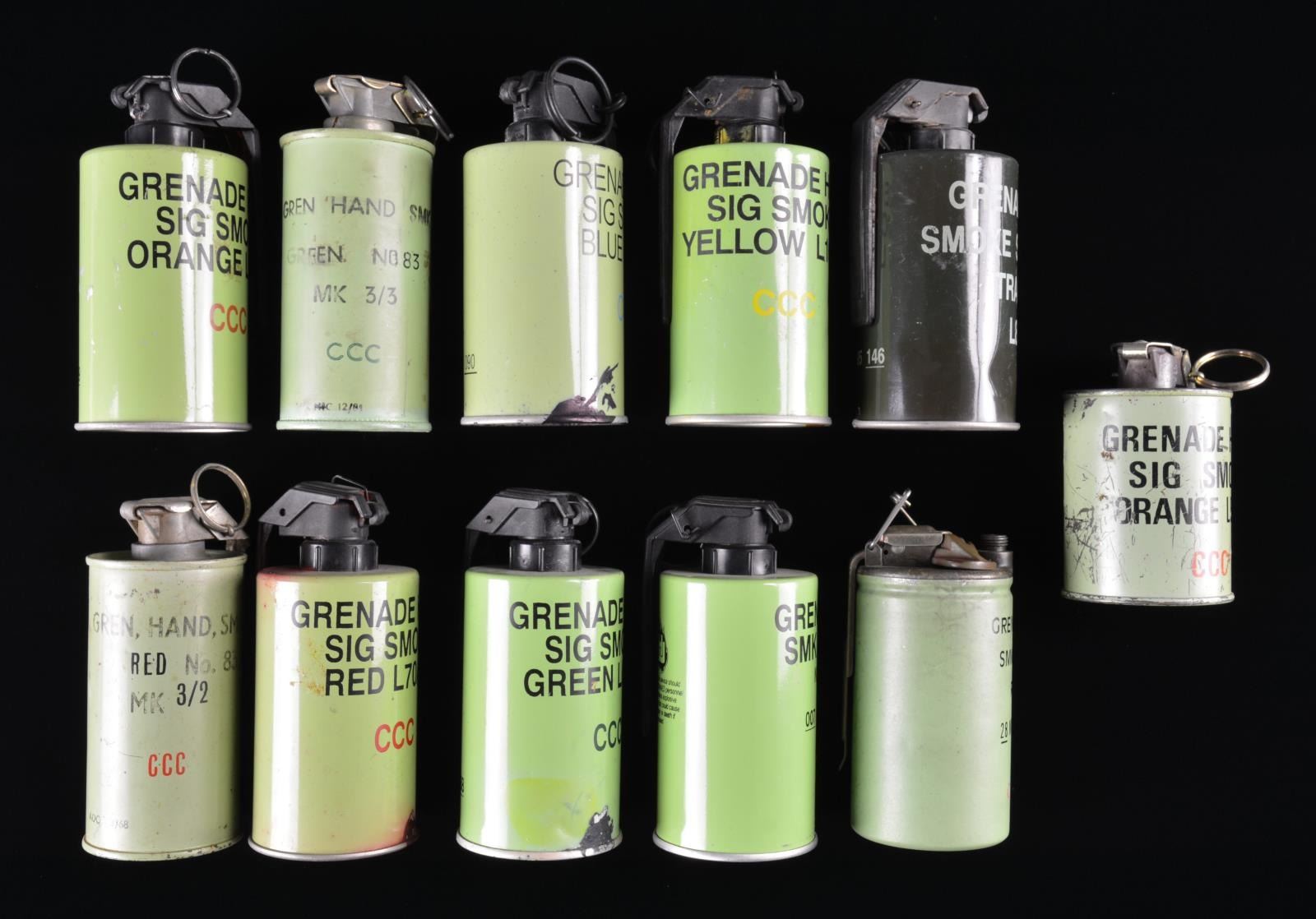 11 INERT / PRACTICE BRITISH SMOKE GRENADES.