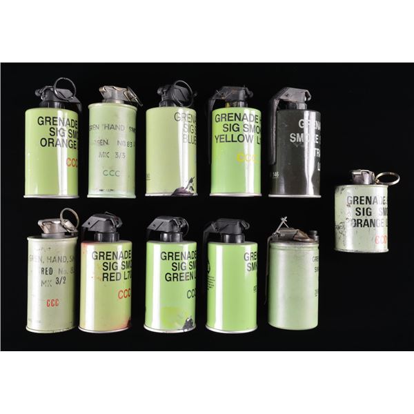 11 INERT / PRACTICE BRITISH SMOKE GRENADES.