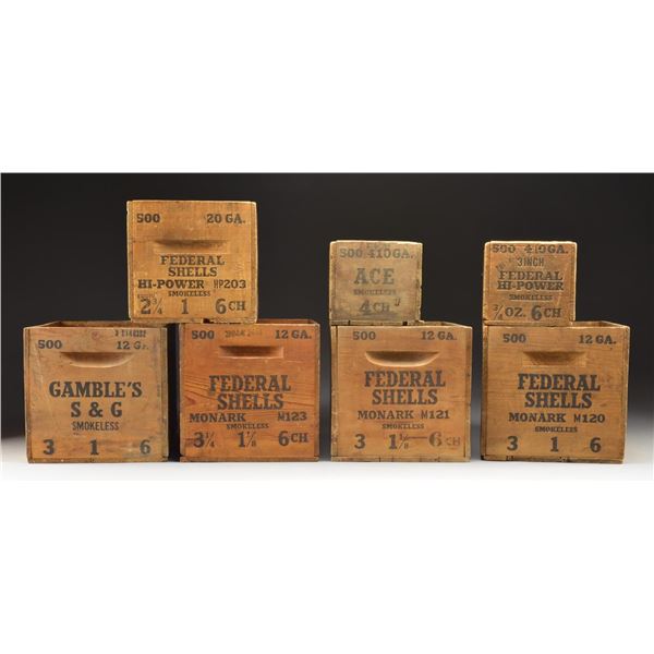 7 VINTAGE FEDERAL & GAMBLES WOODEN SHOTGUN AMMO
