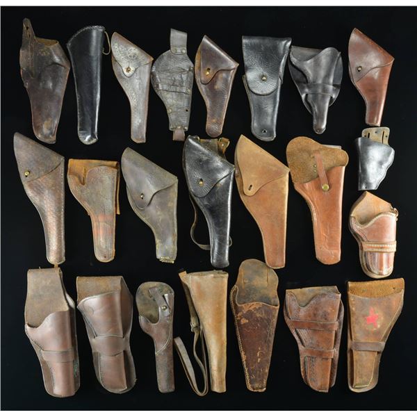 25+ LEATHER HOLSTERS & 2 BELTS.