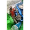 Image 8 : 2 TOTES AND BOX OF ELECTRICAL THERMOSTATS, BOTTLE JACKS, JEEP WHEEL CAPS AND TRIGGER LOCKS