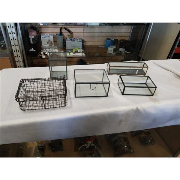 4 LEADED GLASS CASES AND WIRE CHEST