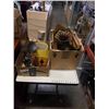 Image 1 : 2 BOXES LEADED GLASS HANGING BASKET, WICKER VASE, METAL CANDLE STANDS, WOOD PICTURE FRAMES