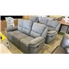 Image 1 : BRAND NEW 3 PIECE RECLINING GREY FABRIC SOFA SET, FLIP DOWN CENTER W/ WIRELESS CHARGING - RETAIL $49