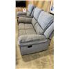 Image 2 : BRAND NEW 3 PIECE RECLINING GREY FABRIC SOFA SET, FLIP DOWN CENTER W/ WIRELESS CHARGING - RETAIL $49