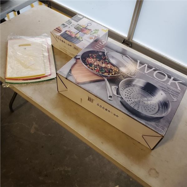 LOT OF 3 PC WOK STEAMER WITH 2 TIER BASKET AND HENKEL CUTTING BOARDS