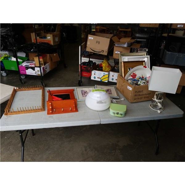 LOT OF PRINTS, SMALL WALL MIRROR, ANTIQUE WEAVING LOOM, TABLE LAMP AND HUMIDIFIER
