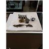 Image 1 : 3 TABLE TOP LIGHTERS, BRASS DECOR AND BELT MONEY DISPENSER