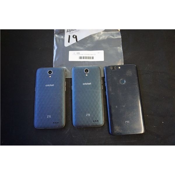 2 ZTE OVERTURE 3 PHONES AND ZTE SMARTPHONE - PARTS ONLY, NOT GUARANTEED TO WORK