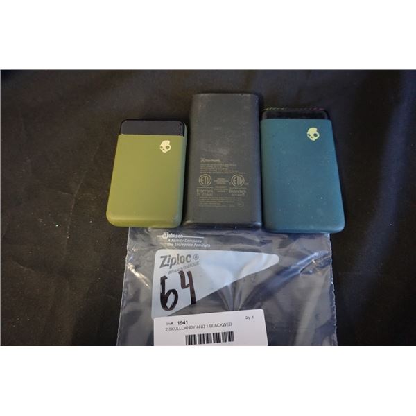 2 SKULLCANDY AND 1 BLACKWEB PORTABLE USB POWER BANKS - PARTS ONLY, NOT GUARANTEED TO WORK