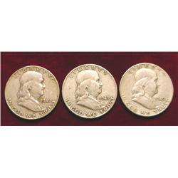 1949 P, D, & S Franklin Half Dollars.