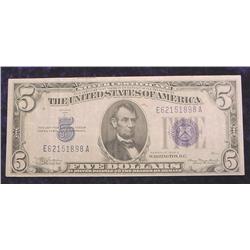Series 1934A $5 Silver Certificate. EF.
