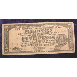 1942 Philippines $5 Peso Bohol Emergen