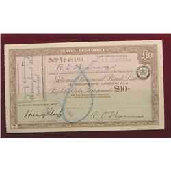 1963 $10 Pound Traver's Cheque from London
