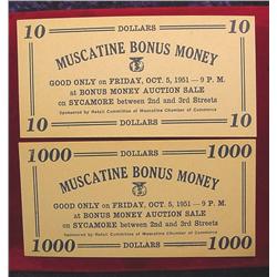 1951 $10 & $1000 Dollar Muscatine Bonus