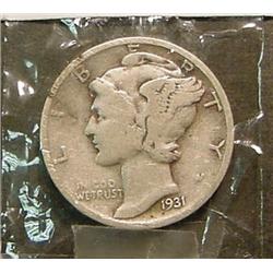 1931 S Mercury Dime. VG-8. Keydate.