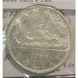 1966 Canada Silver Dollar. AU 55.