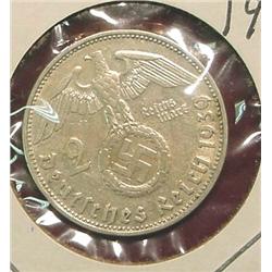 1939D German 2-Reichsmarks Silver.
