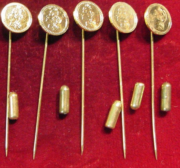 Coin Stick (5) Antique Pattern Gold Coin Stick Pins.