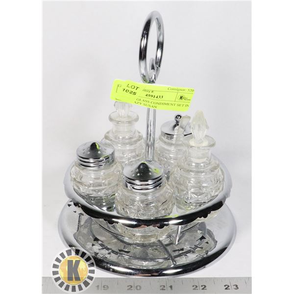 VINTAGE GLASS CONDIMENT SET IN METAL LAZY SUSAN