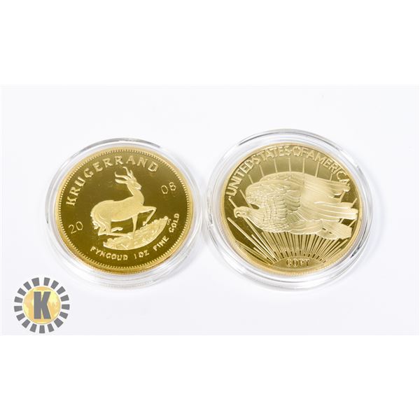 2 GOLD PLATED 1 OZ GOLD COIN COPIES, NOVELTY