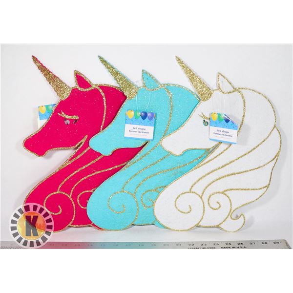 THREE NEW FELT  SPARKLE UNICORN DECORATION