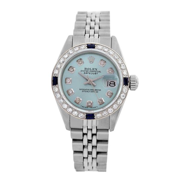 Rolex Pre-owned 26mm Womens Custom Light Blue Stainless Steel