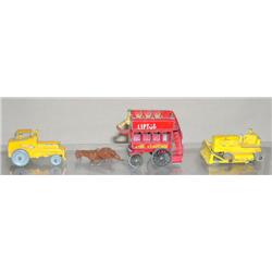 (3) Matchbox Toys--all with damage--Weatherall Loader-no loader, D-8 Cat-broken Stack, and Lipton's 
