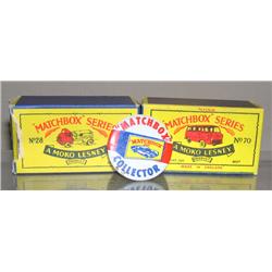 (2) Empty Boxes & matchbox Collector Pin--Compressor Larry #28 & Thames Estate Car #70