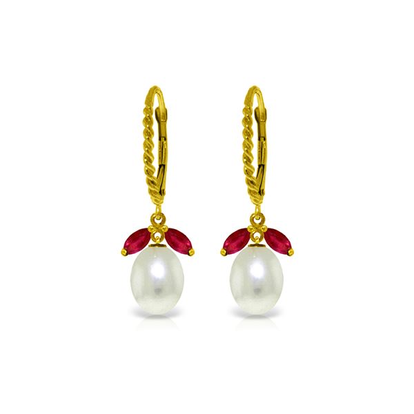 Genuine 9 ctw Ruby & Pearl Earrings 14KT Yellow Gold - REF-41P4H