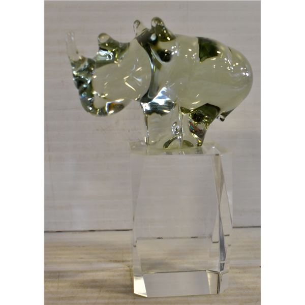 PAIR OF GLASS PAPERWEIGHTS - RHINO + ENCASED BOAT