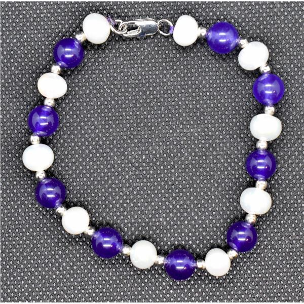 #303-NATURAL  AMETHYST & FRESH WATER PEARL BRACELE