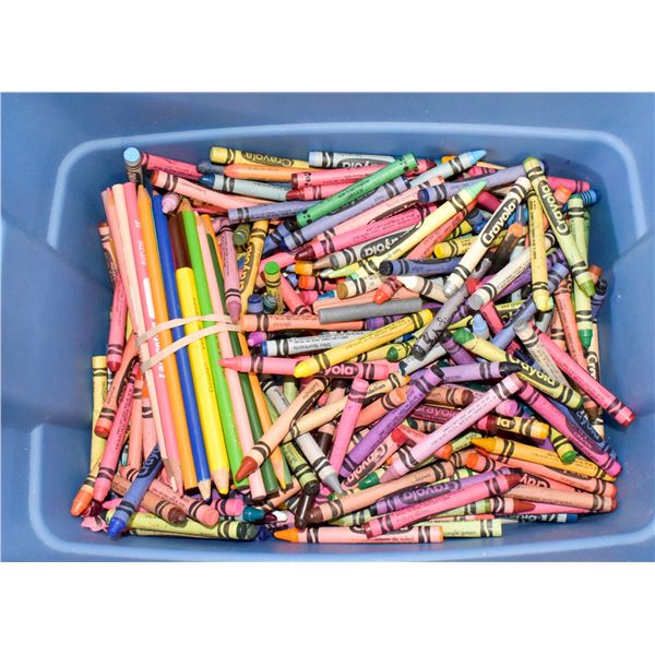 BIN OF WAX CRAYONS AND PENCIL CRAYONS