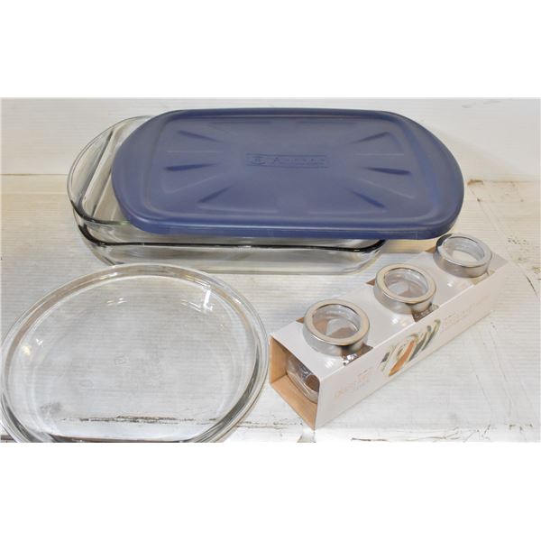 PYREX 2- 9X12, LID & ONE PIE PLATE & CANISTER SET