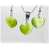 Image 1 : 25)   SET OF GREEN CAT'S EYE HEART PENDANT AND