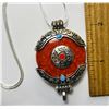 Image 1 : 16)  TIBETAN SILVER & RED TURQUOISE PENDANT ON