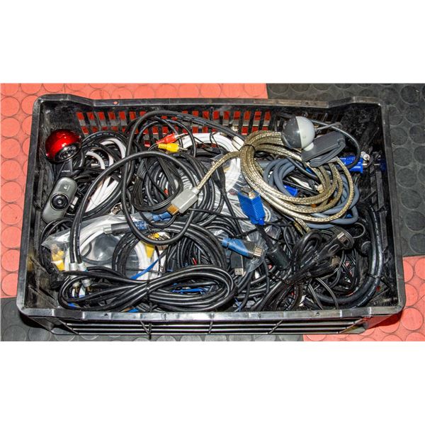 CRATE OF HDMI, RCA, VIDEO CABLES WITH THREE WEB