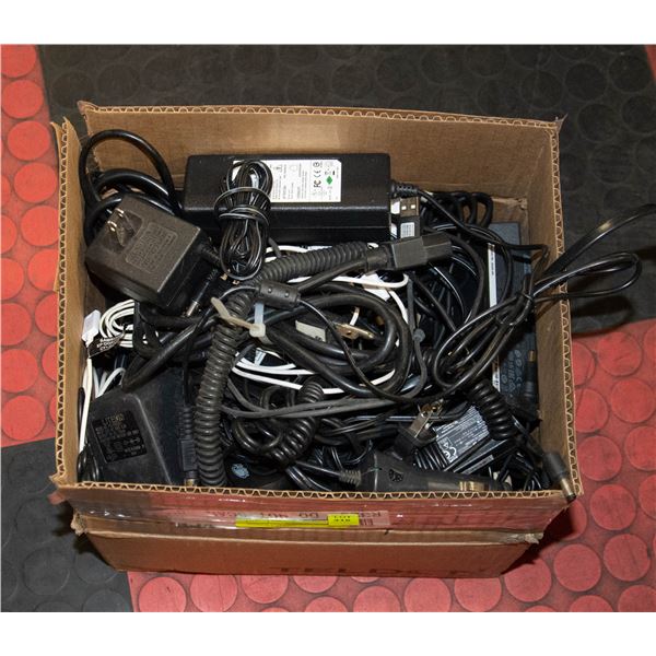 BOX OF POWER CORDS, POWER SUPPLIES 12/110V