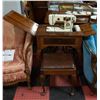 Image 1 : VINTAGE WHITE SEWING MACHINE IN CABINET W/STOOL